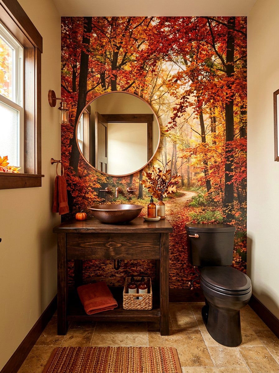 Autumn Forest Mural - 30 landscape mural powder room ideas