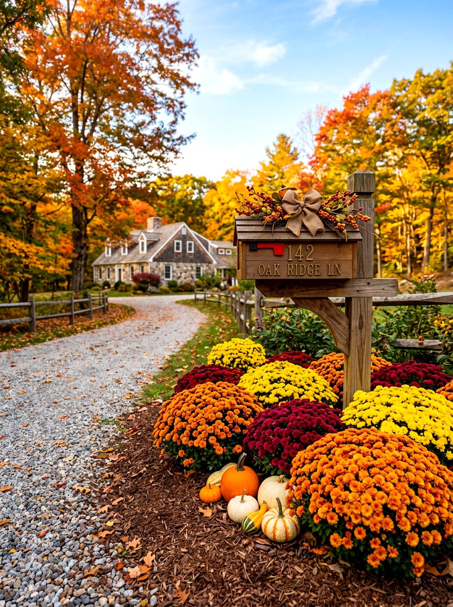 Autumn Mum Mailbox Display - 30 mailbox flower bed ideas