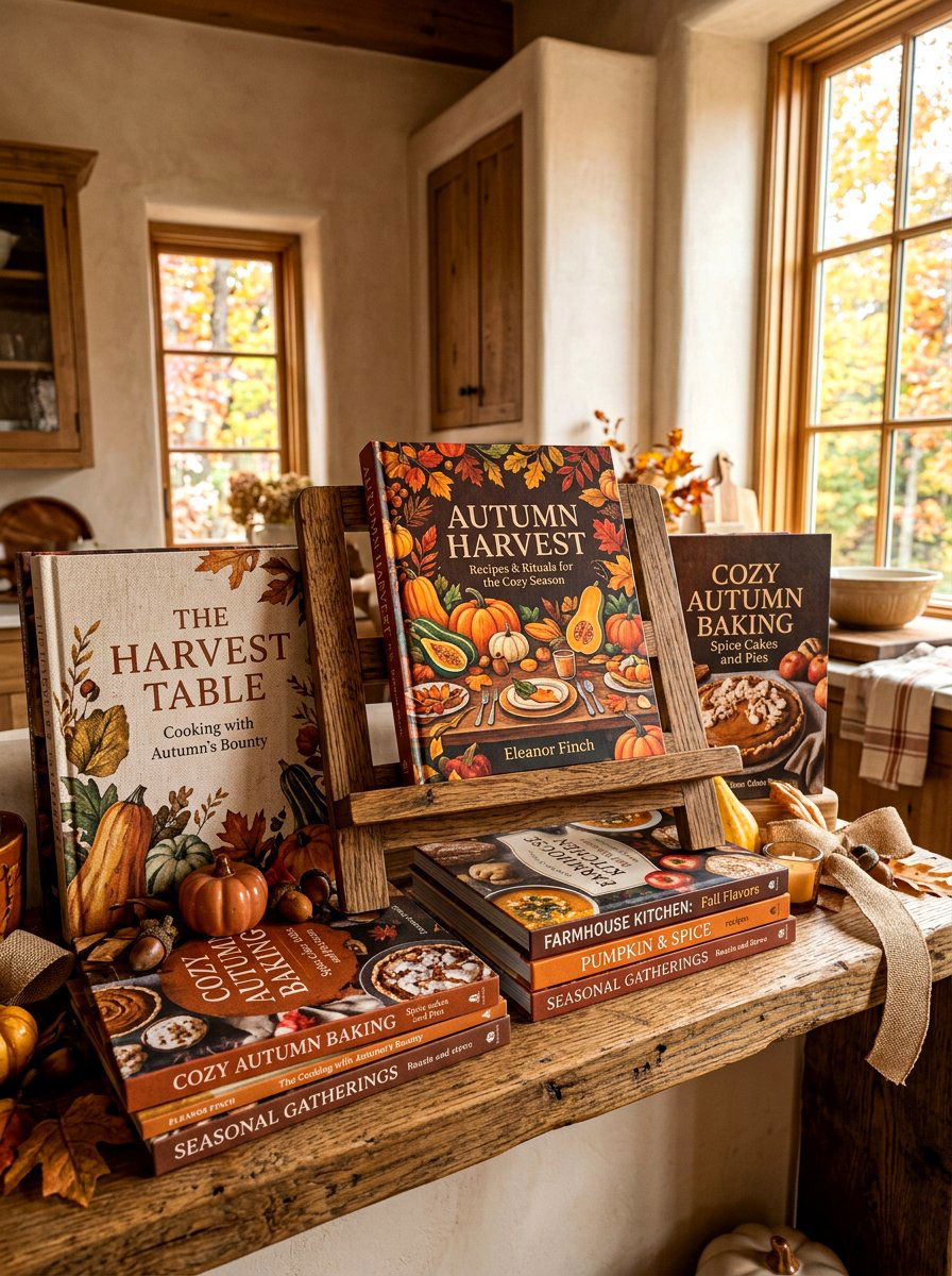 Autumn cookbook display - 30 fall kitchen shelf decor ideas