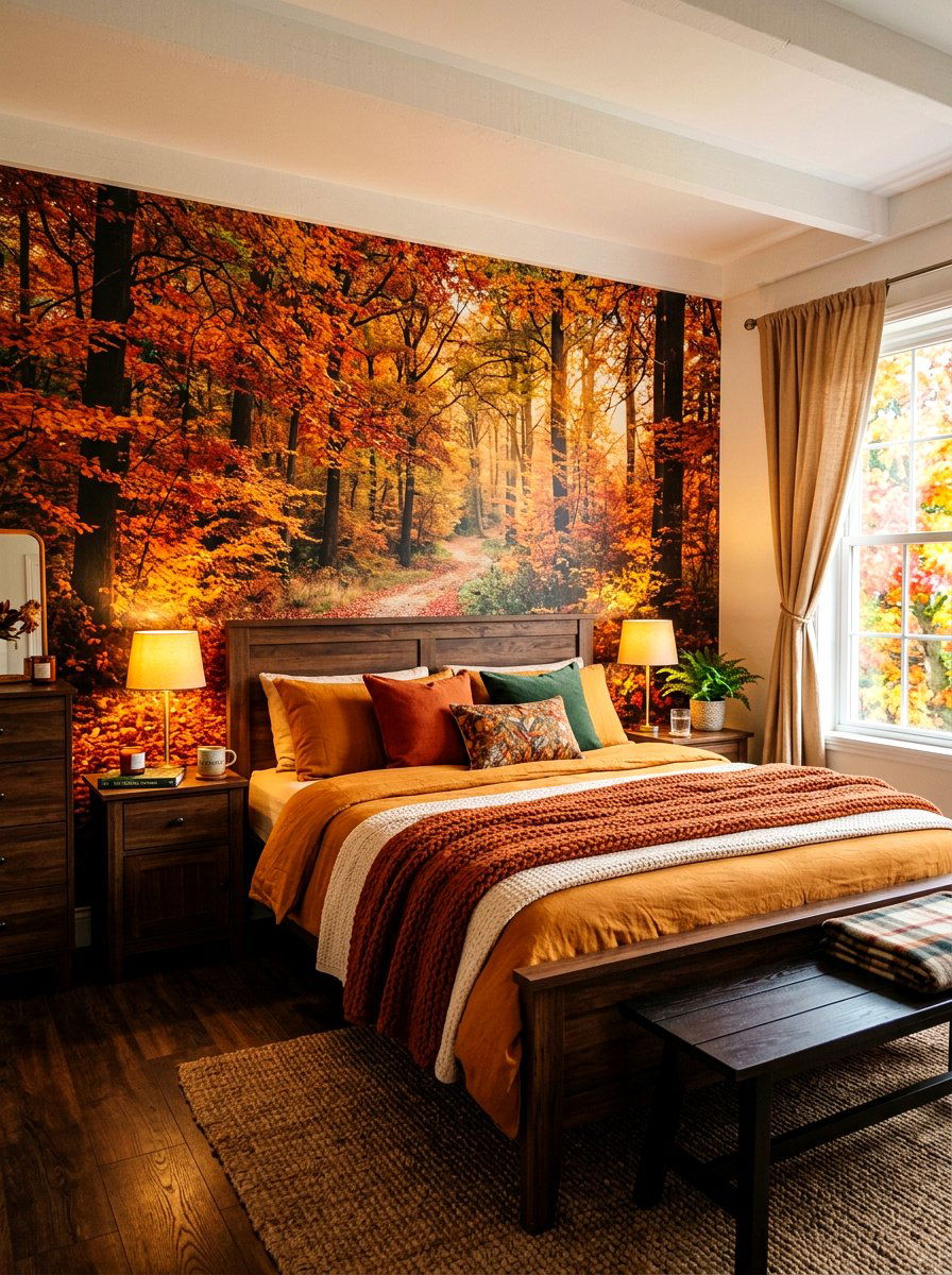 Autumn forest wall mural - 30 landscape mural bedroom ideas