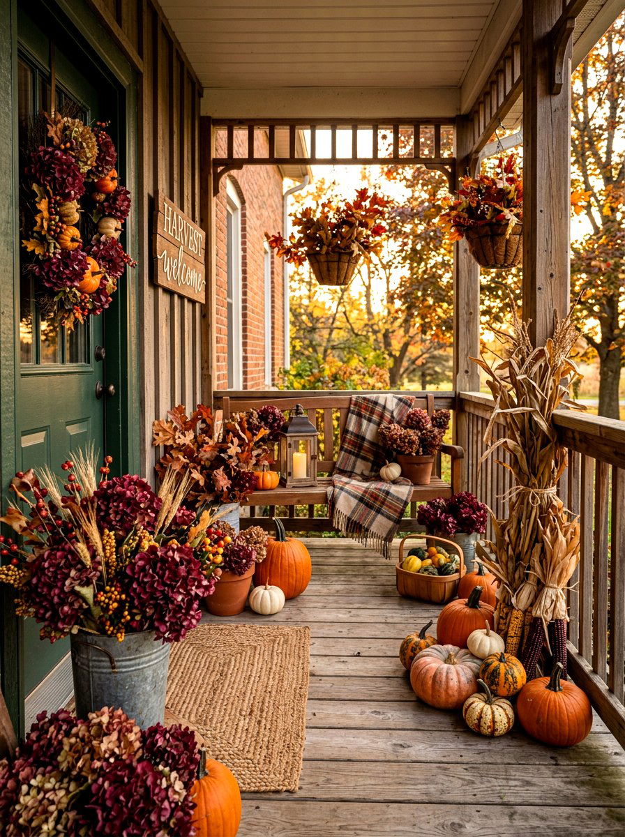 Autumn hydrangea porch display - 30 hydrangea heavy front porch ideas