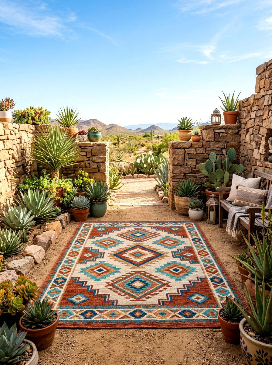 Aztec Print Over Sandy Tan Base - 30 layered outdoor rug ideas