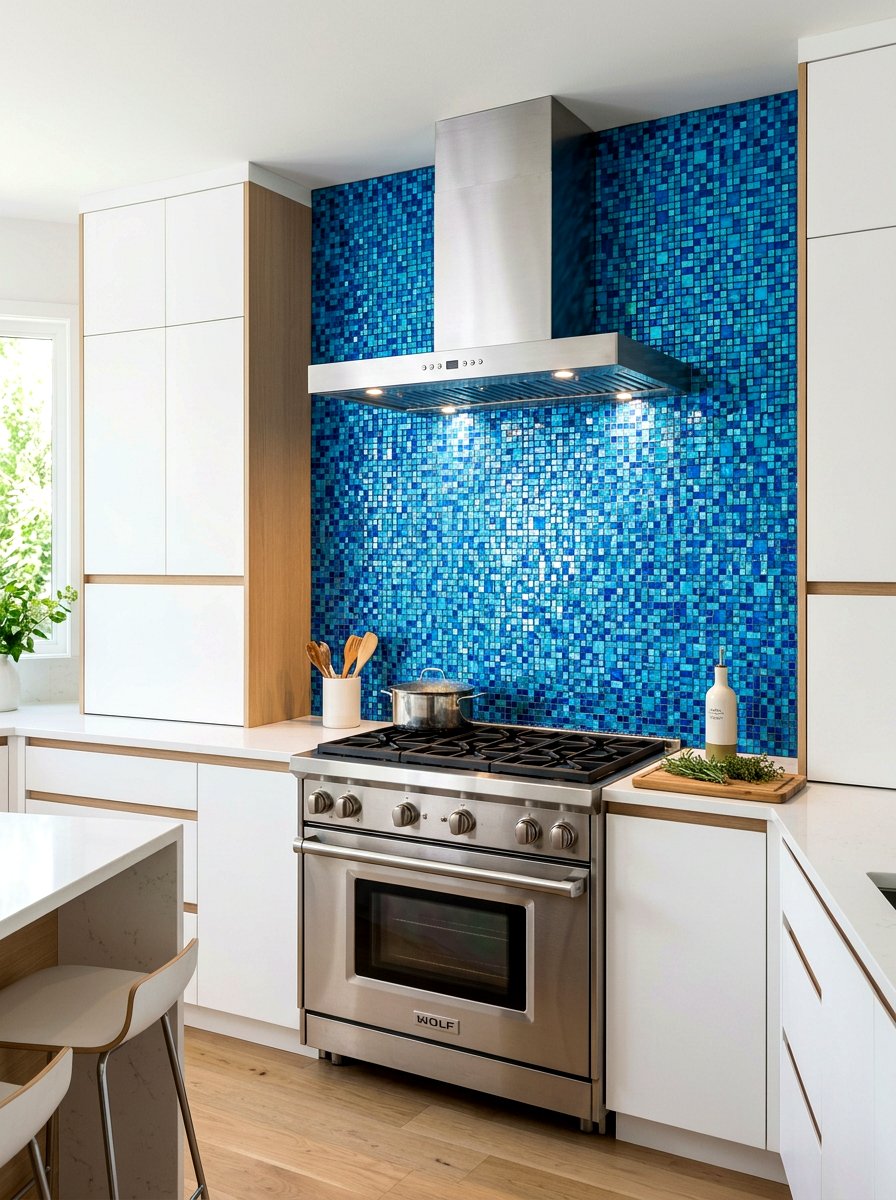 Azure blue kitchen mosaic - 30 blue kitchen ideas
