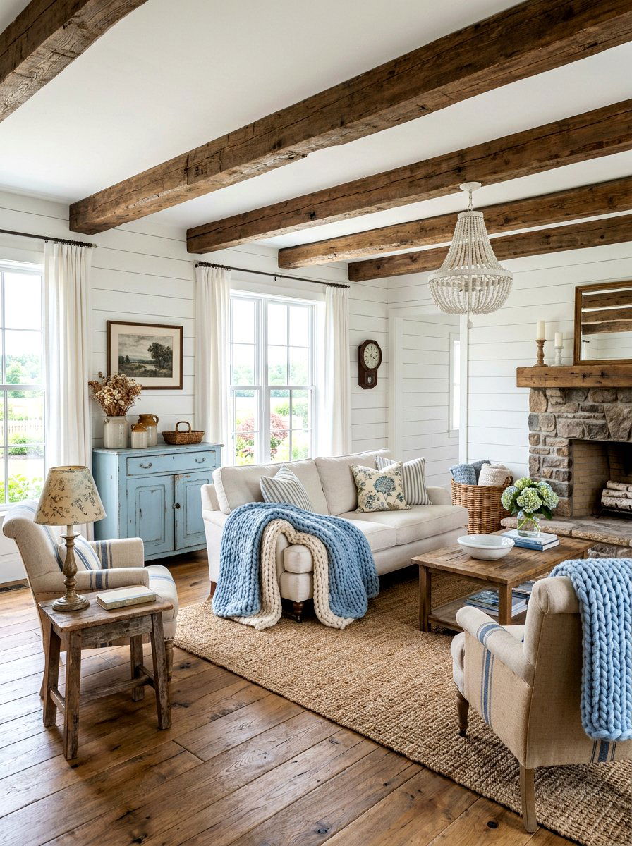 Baby blue farmhouse living room - 30 soft blue living room ideas