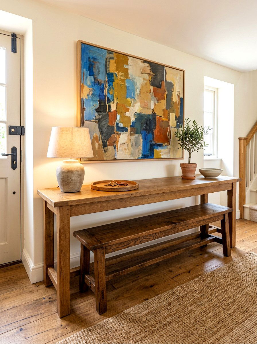 Backless Wooden Bench Under Console Table - 30 farmhouse entryway bench ideas