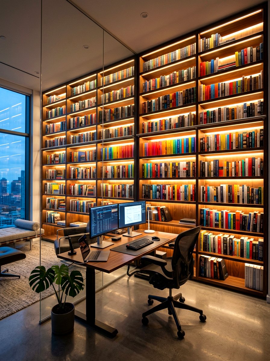 Backlit Bookshelf Wall Office - 30 bookshelf wall office ideas
