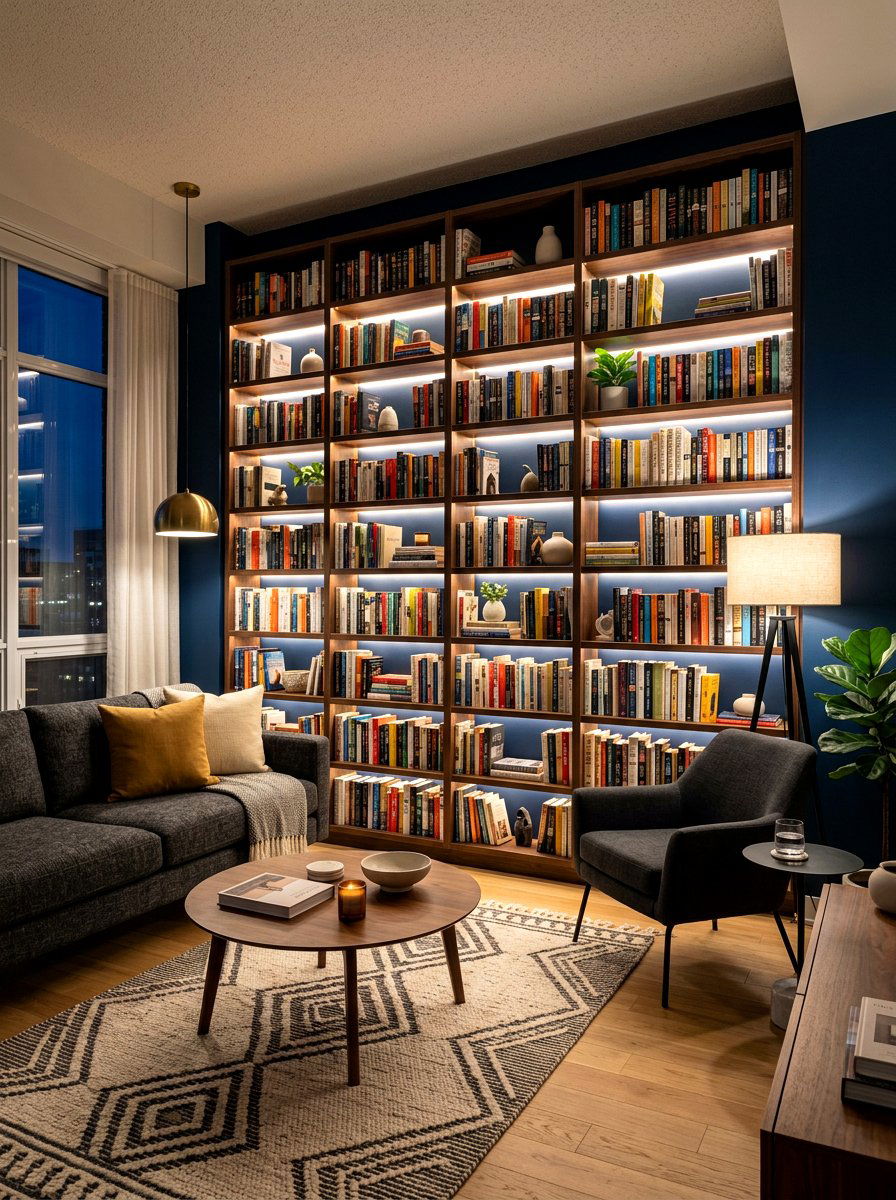 Backlit Bookshelves With LED Strips - 30 book wall living room ideas