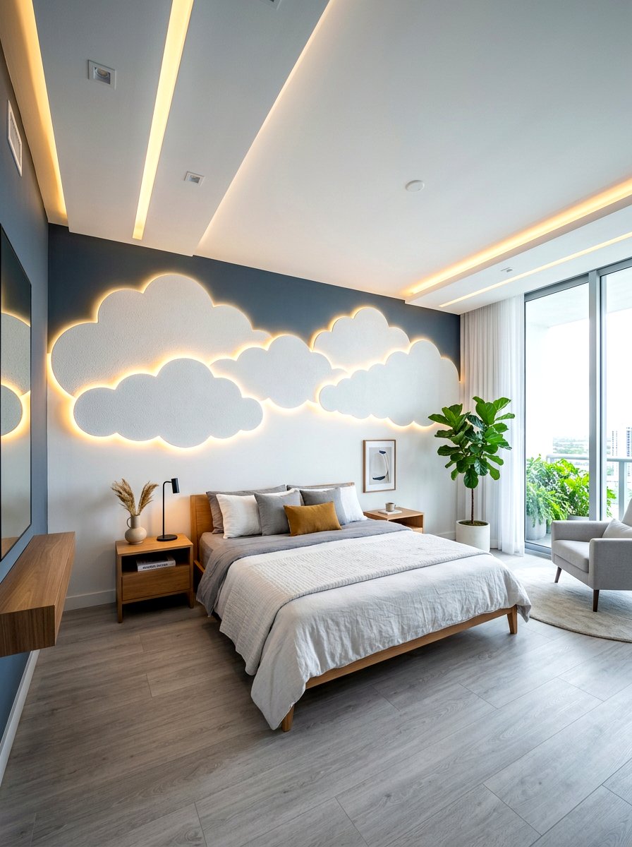 Backlit Cloud Panel - 30 cloud inspired bedroom ideas