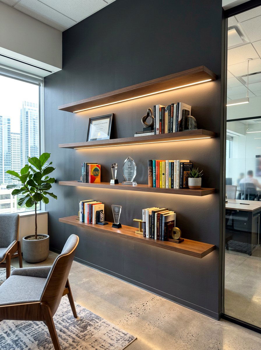 Backlit Floating Shelf - 30 home office lighting ideas