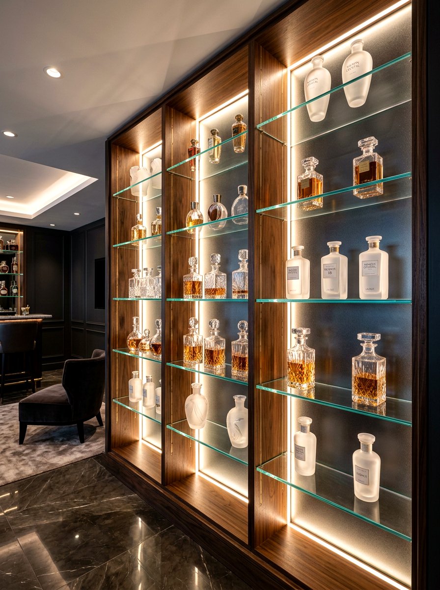 Backlit Glass Shelving - 30 built in bathroom storage ideas