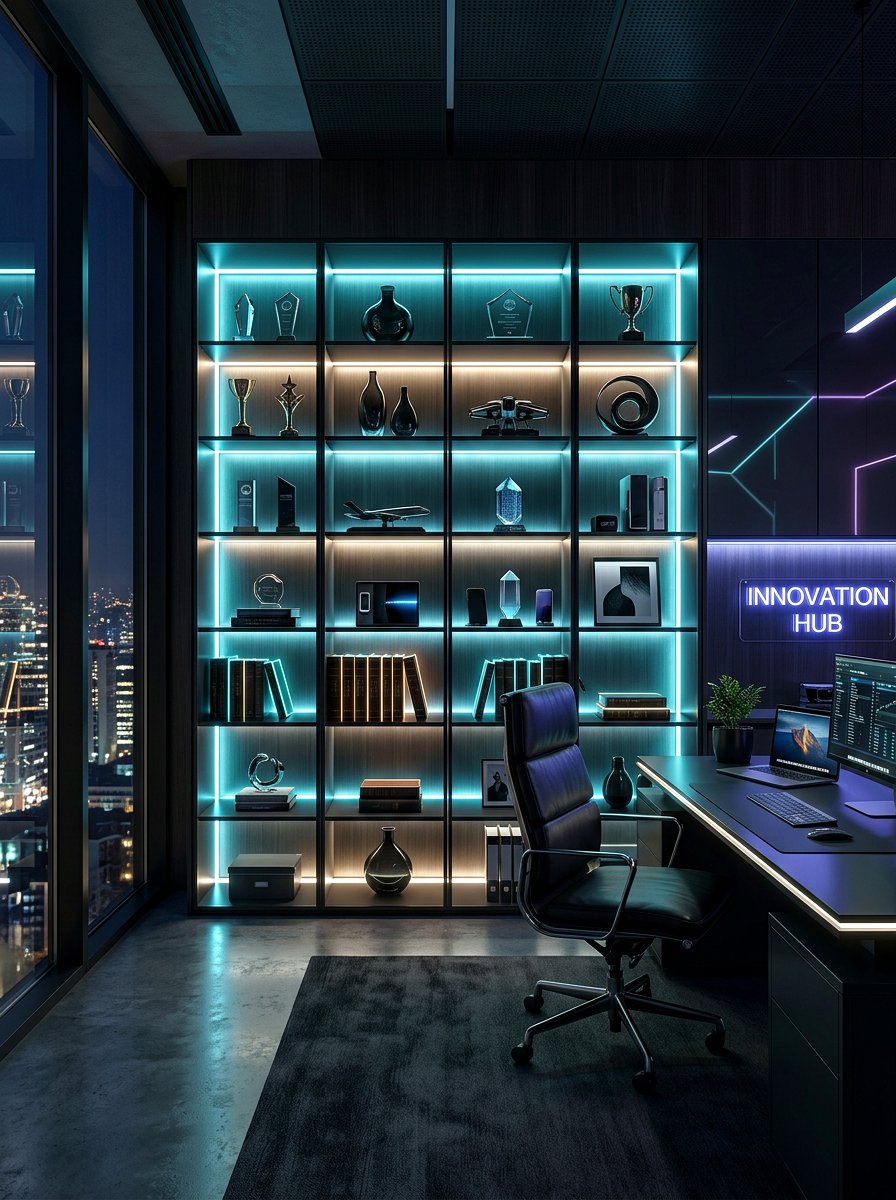 Backlit LED Shelving - 30 office backdrop shelf ideas
