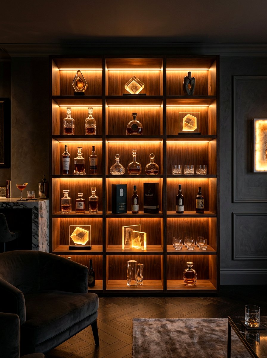 Backlit LED shelving - 30 office shelving styling ideas