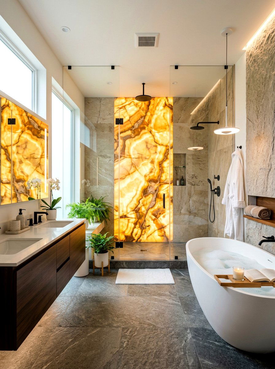 Backlit Onyx Shower - 30 stone slab shower wall ideas