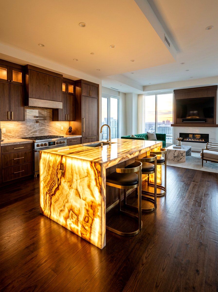 Backlit Onyx Waterfall Island - 30 waterfall countertop ideas