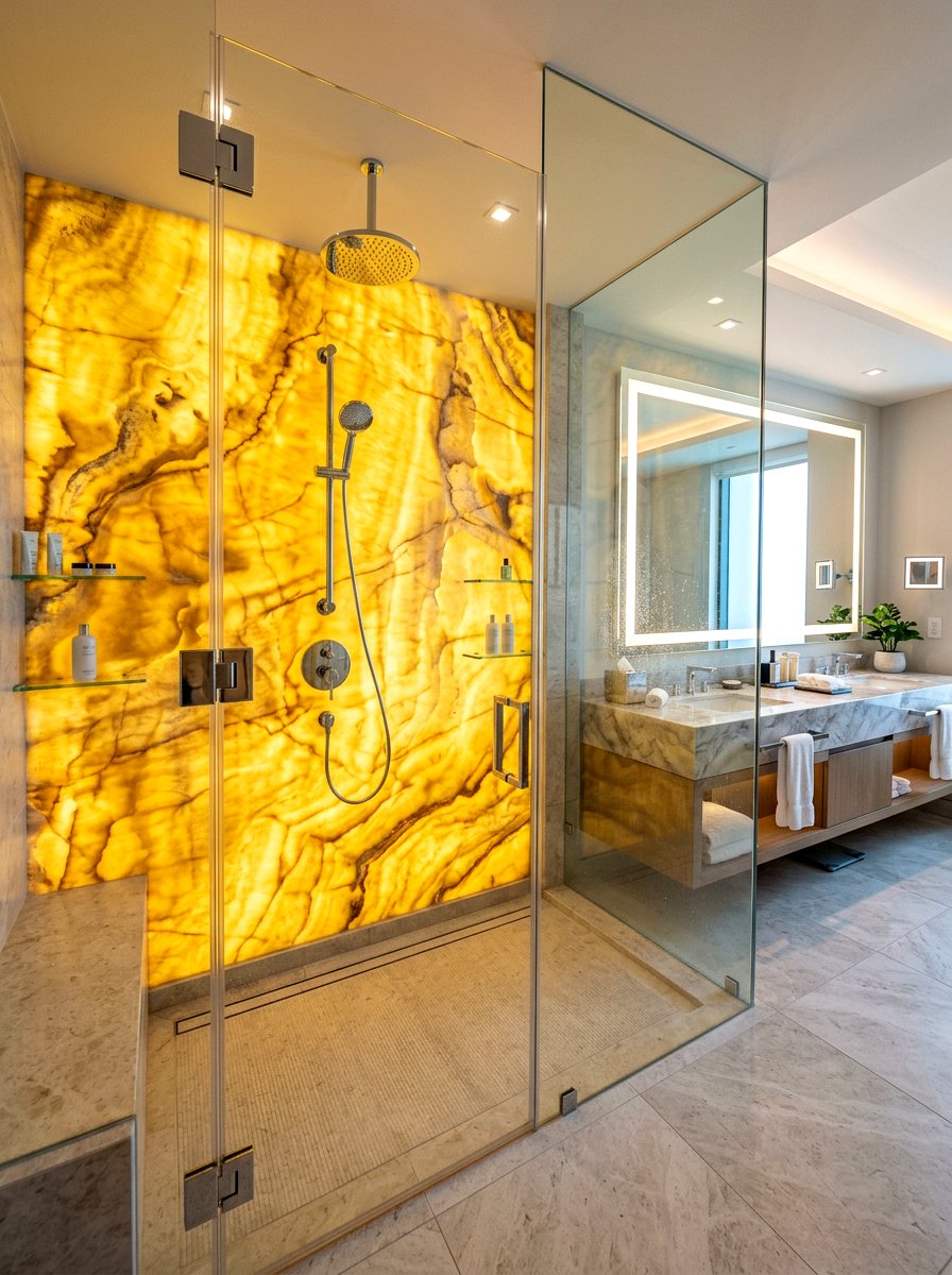 Backlit Stone Shower - 30 stone slab shower ideas