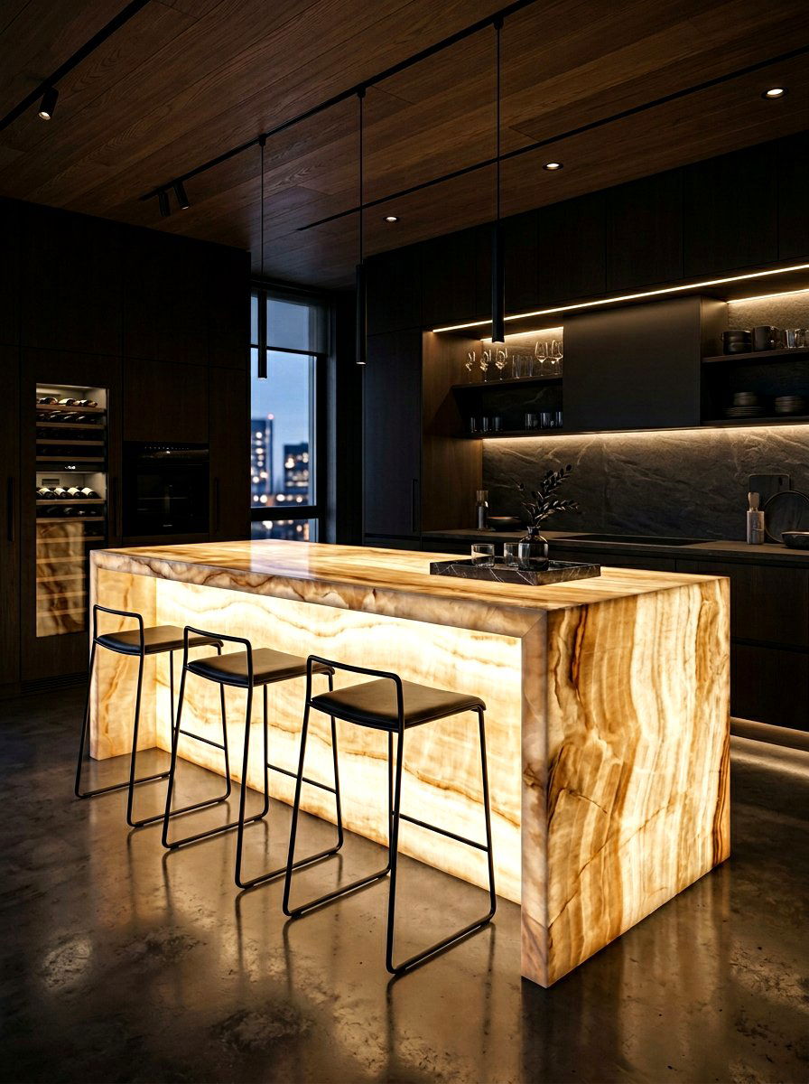 Backlit Stone Waterfall Island Stools - 30 waterfall island seating ideas