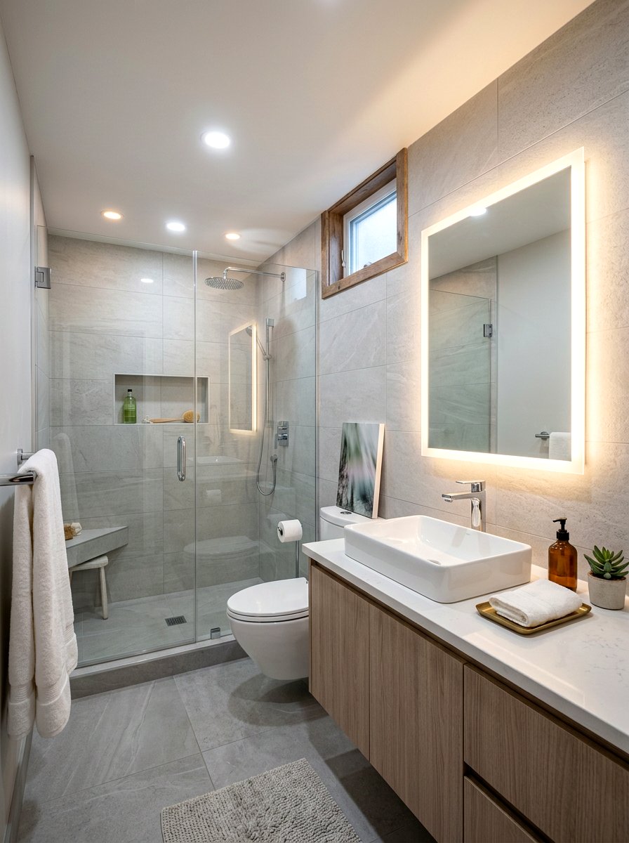 Backlit Vanity Mirror - 30 dark basement lighting ideas