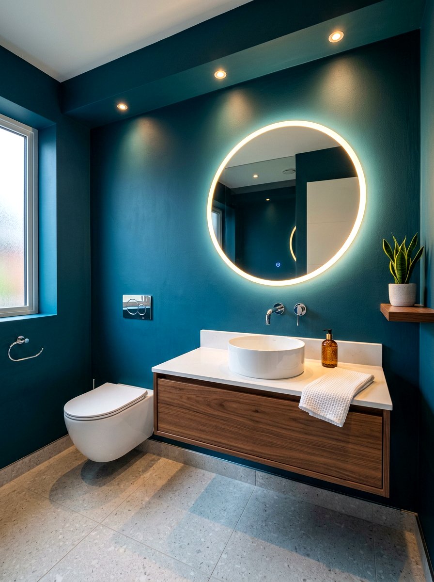 Backlit Vanity Mirror - 30 deep teal powder room ideas