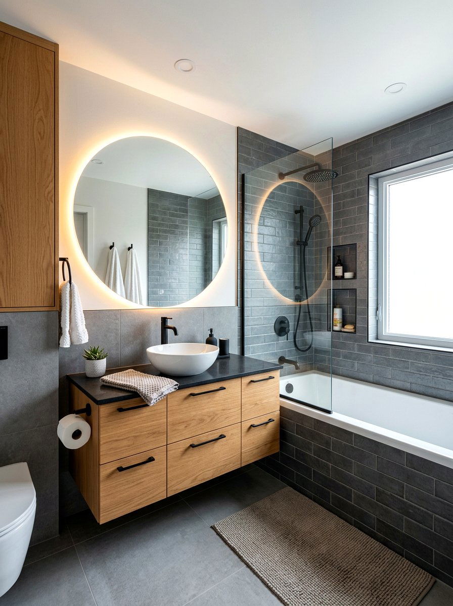 Backlit bathroom mirror light - 30 alcove tub styling ideas
