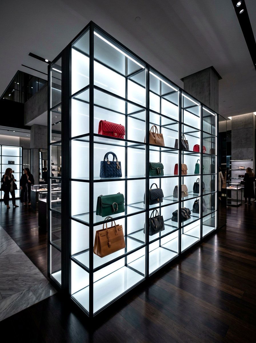 Backlit handbag display case - 30 purse display closet ideas