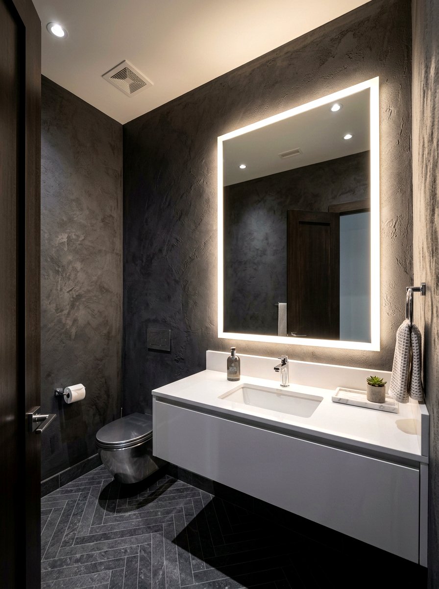 Backlit mirror design powder room - 30 jewel box powder room ideas