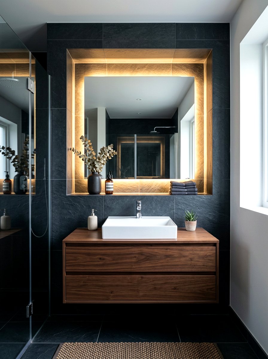 Backlit mirror modern bathroom niche - 30 mirror alcove ideas