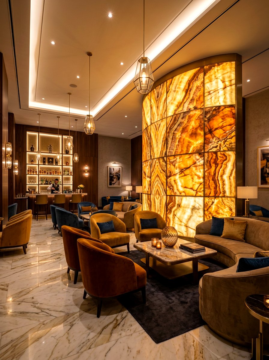 Backlit onyx curved wall - 30 curved partition wall ideas