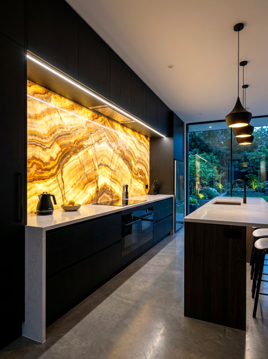 Backlit onyx slab backsplash - 30 slab backsplash ideas