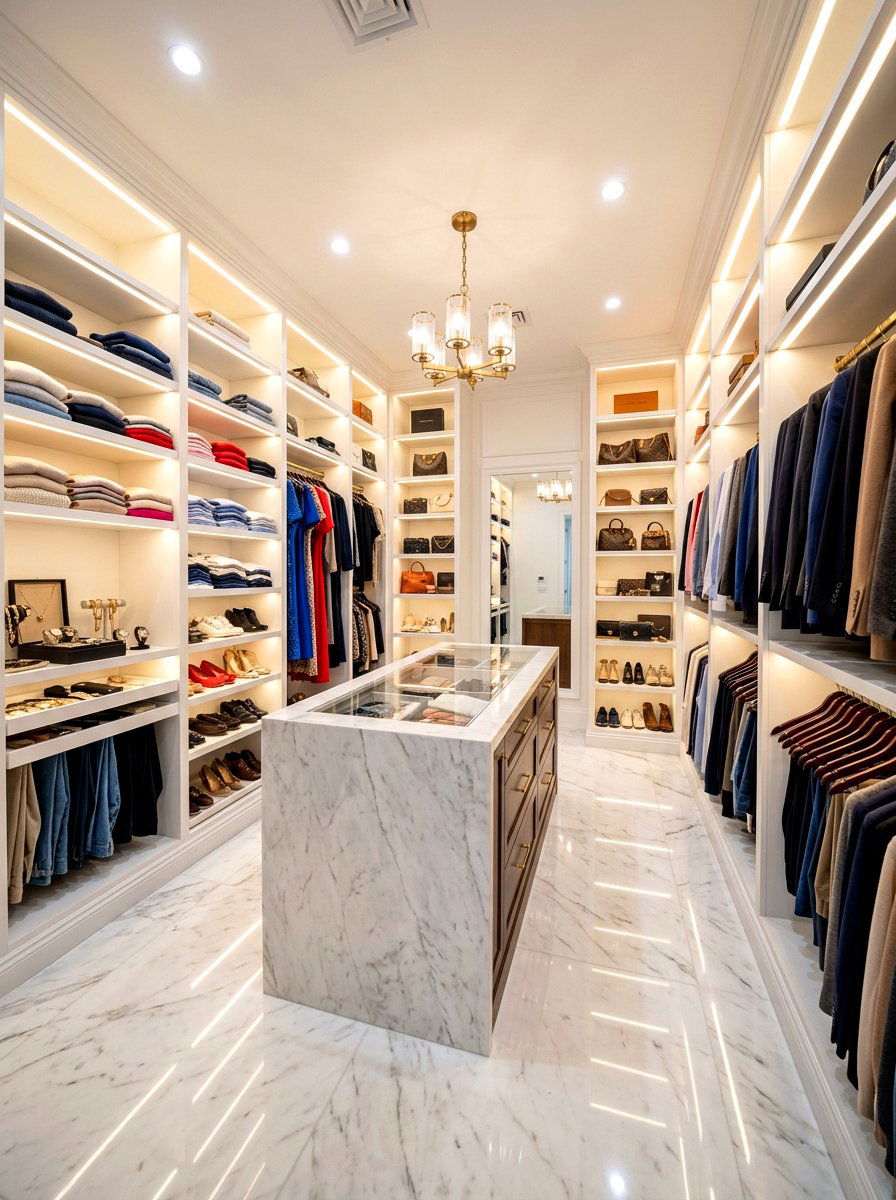 Backlit shelving walk in closet - 30 glam closet ideas