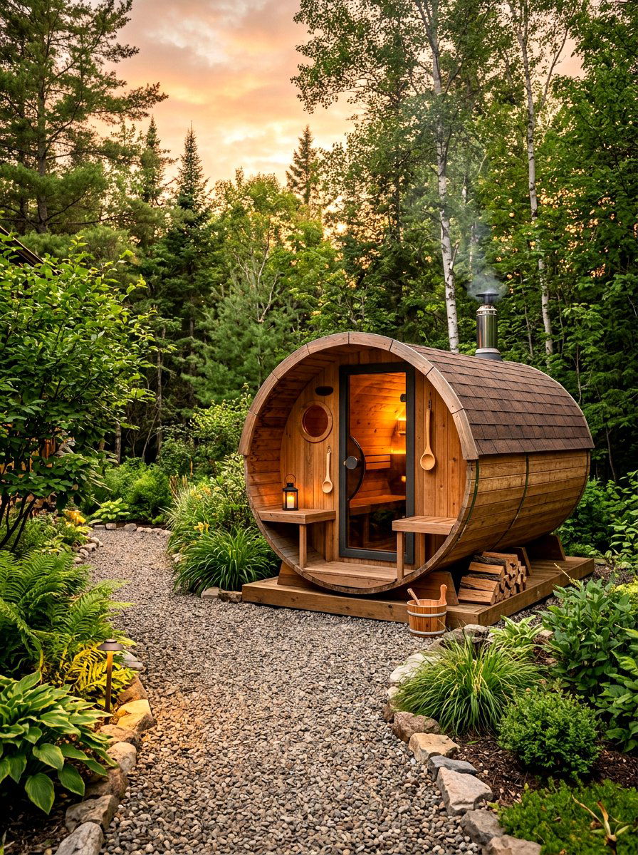 Backyard Barrel Sauna - 30 backyard spa retreat ideas