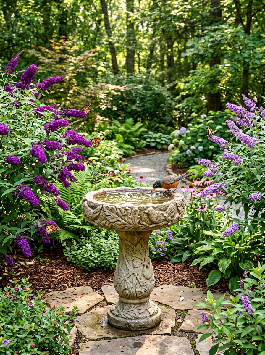 Backyard Bird Bath - 30 cozy backyard ideas