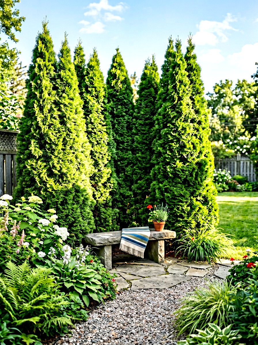 Backyard Corner Arborvitae - 30 arborvitae privacy ideas