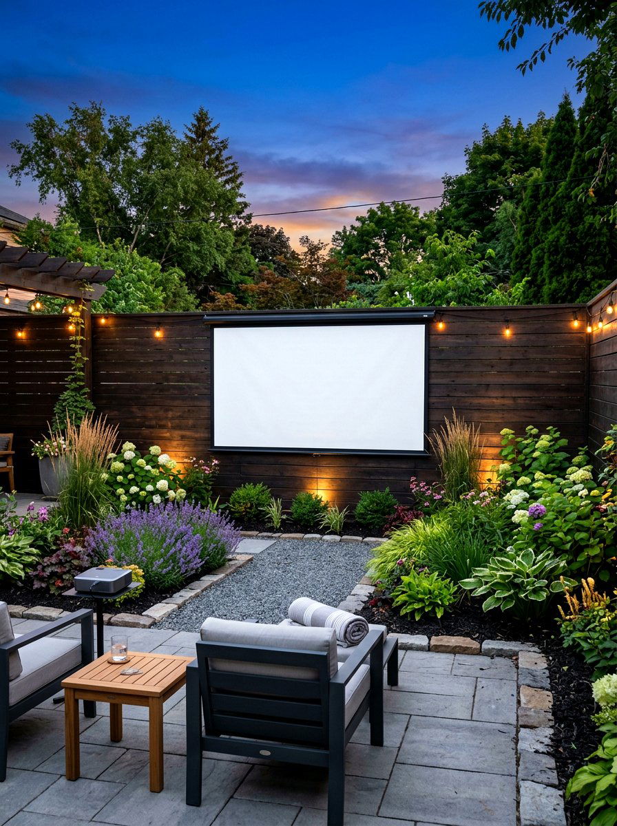 Backyard Fence Projector Screen - 30 outdoor movie night ideas