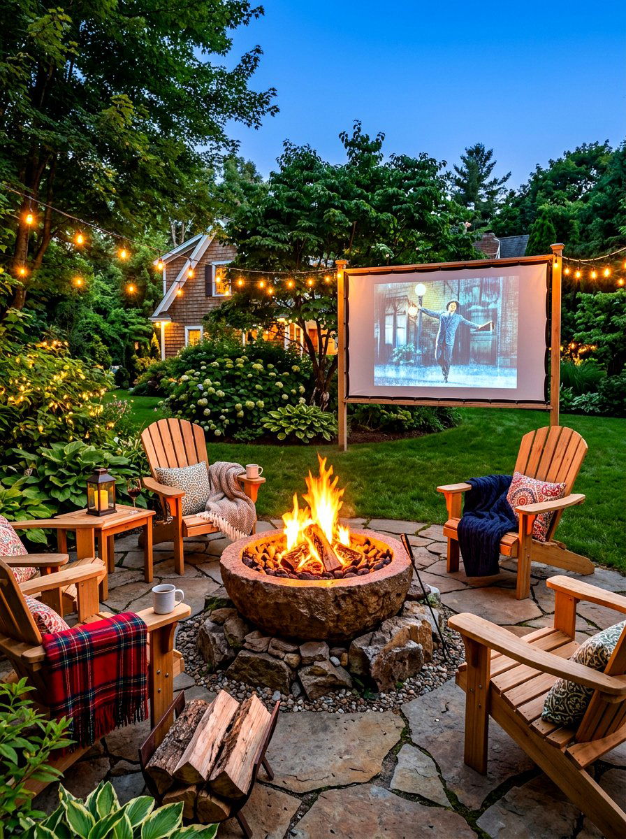 Backyard Fire Pit Area - 30 outdoor movie night ideas
