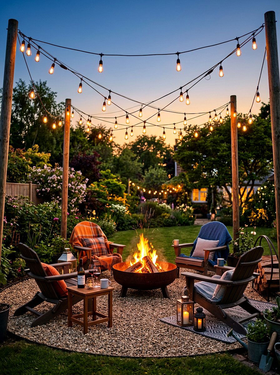 Backyard Fire Pit With String Lights - 30 fire pit landscaping ideas
