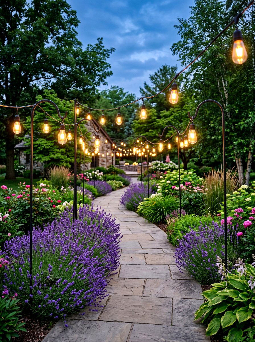 Backyard Pathway String Lights - 30 bistro lights patio ideas
