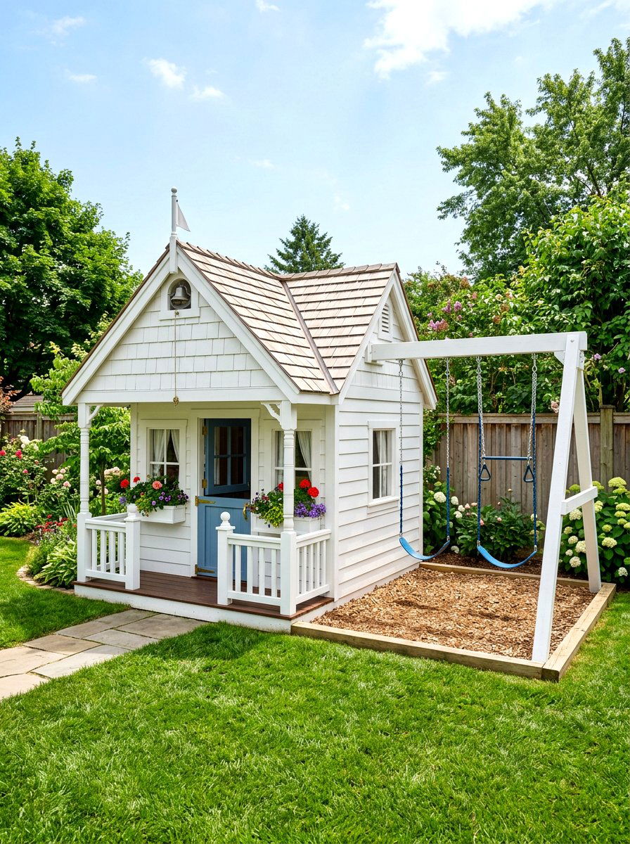 Backyard Playhouse With Swings - 30 backyard swing set ideas