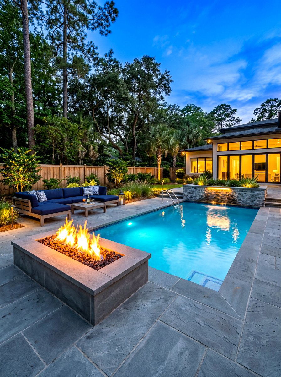 Backyard Pool Fire Pit Combo - 30 plunge pool patio ideas