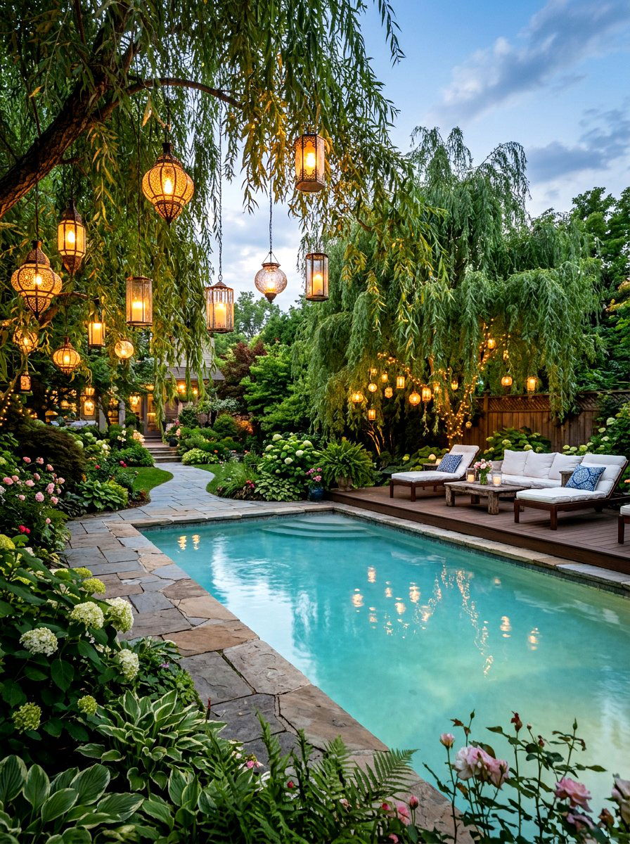 Backyard Pool Tree Lanterns - 30 pool lighting ideas