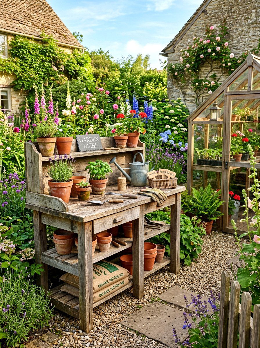 Backyard Potting Bench - 30 cozy backyard ideas