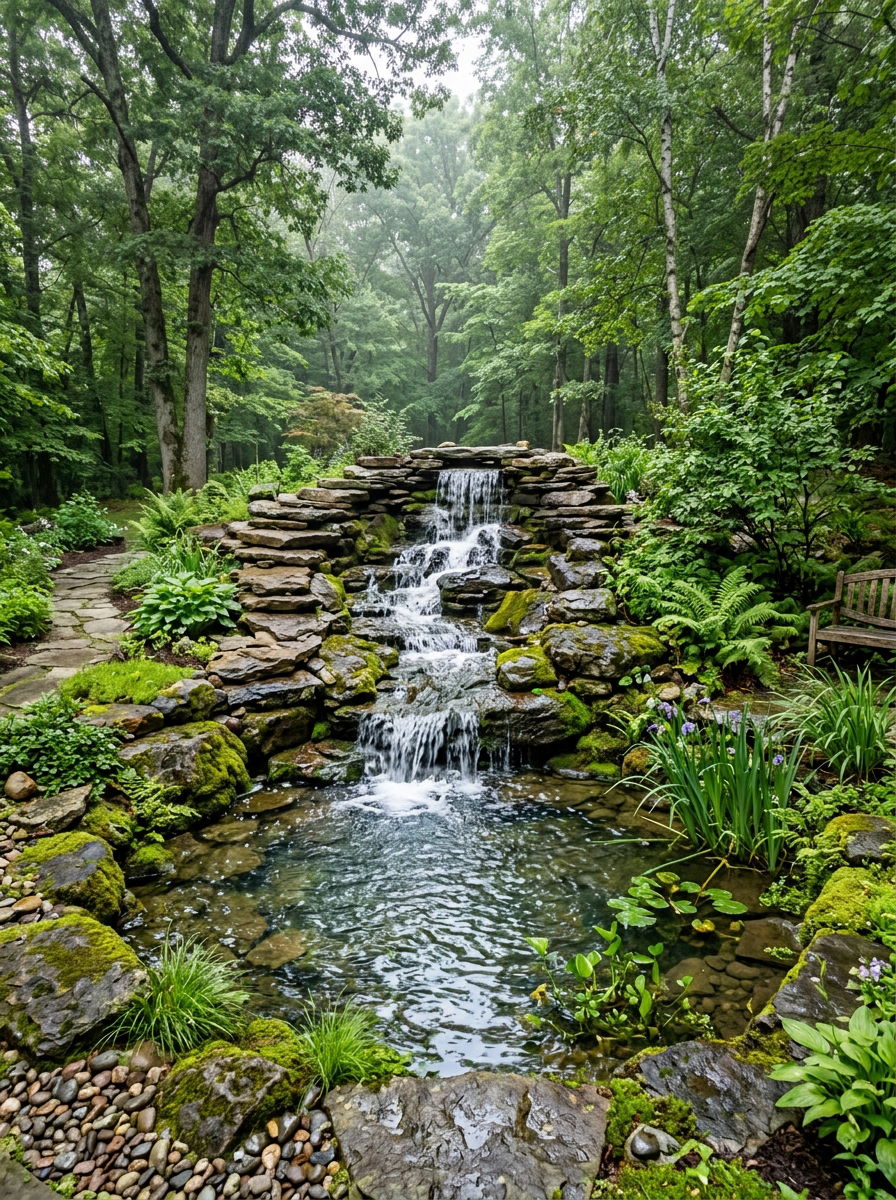 Backyard Waterfall Feature - 30 rock flower bed ideas