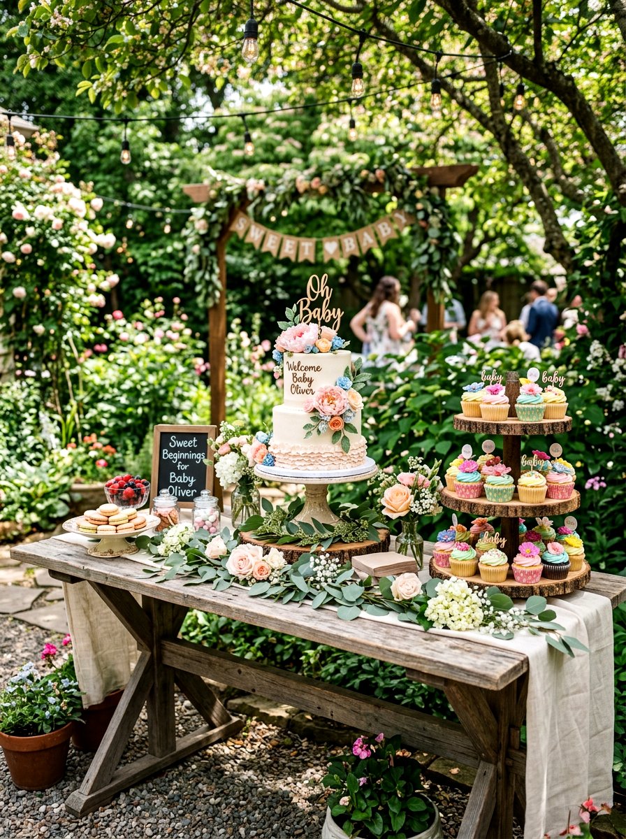 Backyard dessert display table - 30 baby shower backyard decor ideas