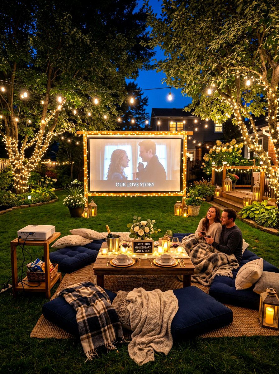 Backyard movie night setup - 30 anniversary dinner at home ideas