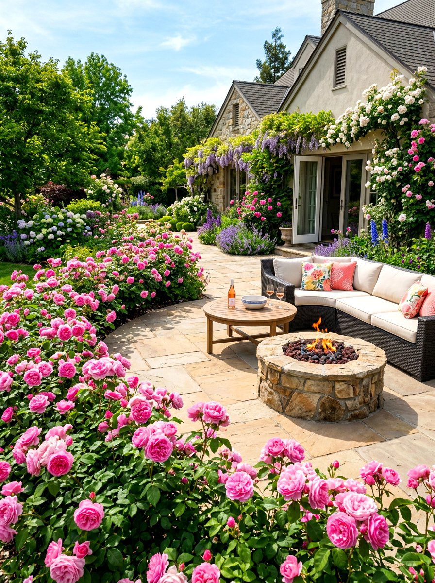 Backyard patio rose border - 30 cottage rose border landscaping ideas