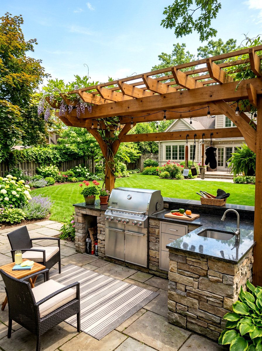 Backyard pergola grill station - 30 pergola with kitchen ideas