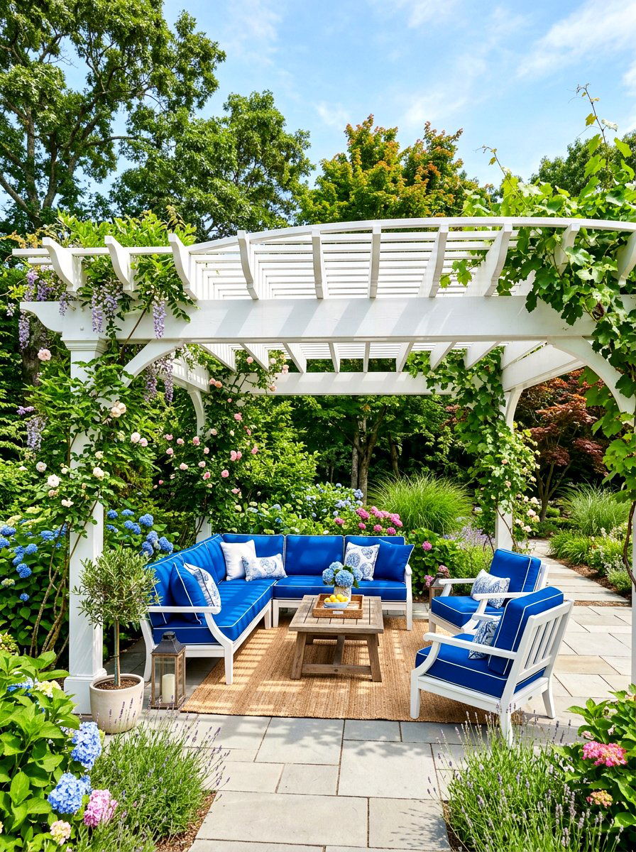 Backyard pergola with coastal seating - 30 coastal exterior ideas