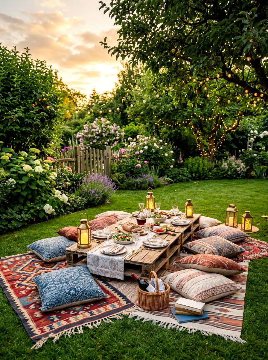 Backyard picnic dinner setup - 30 romantic dinner party ideas at home