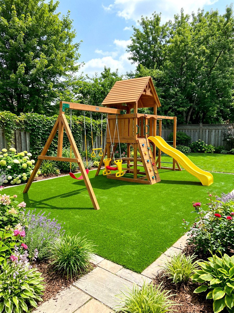 Backyard playground turf area - 30 artificial turf backyard ideas