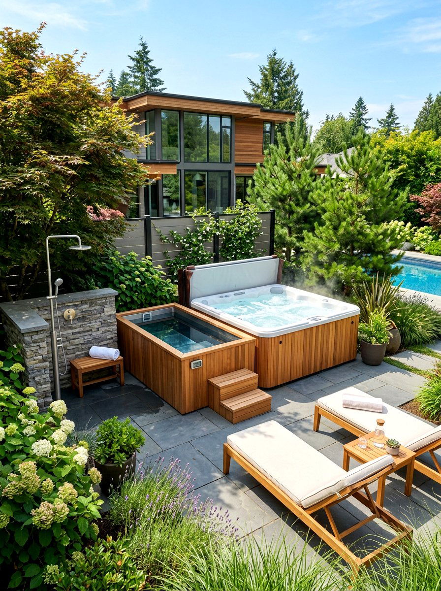 Backyard spa zone cold plunge - 30 cold plunge backyard ideas