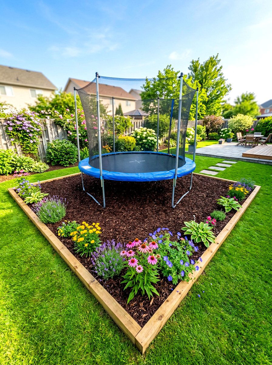 Backyard trampoline mulch border - 30 trampoline landscaping ideas